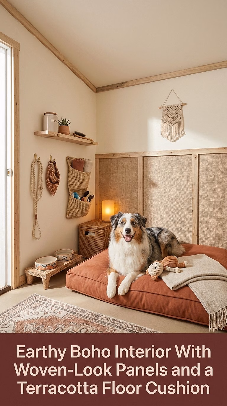 13. Earthy Boho Interior With Woven-Look Panels and a Terracotta Floor Cushion