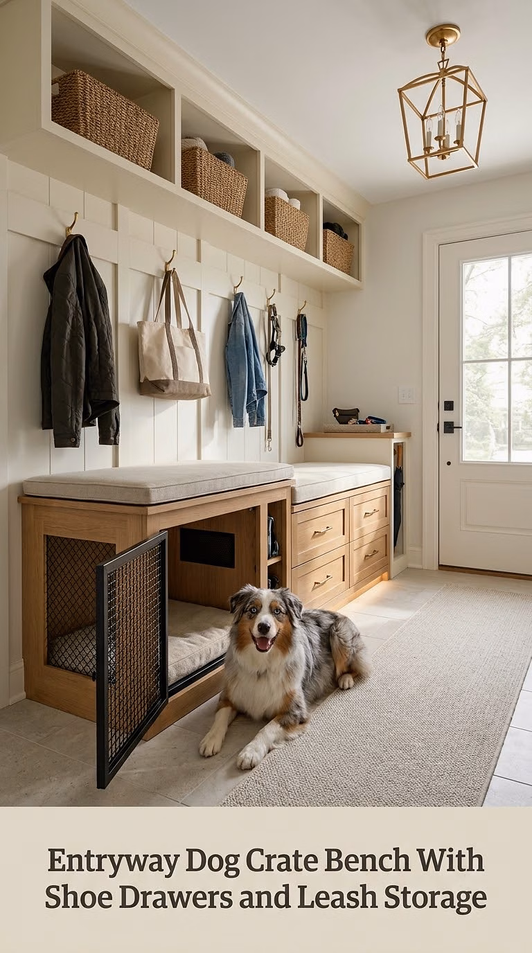 Entryway Dog Crate Bench With Shoe Drawers and Leash Storage