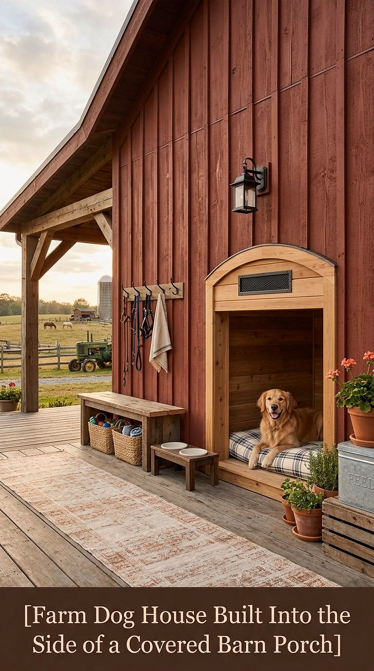 13. Farm Dog House Built Into the Side of a Covered Barn Porch