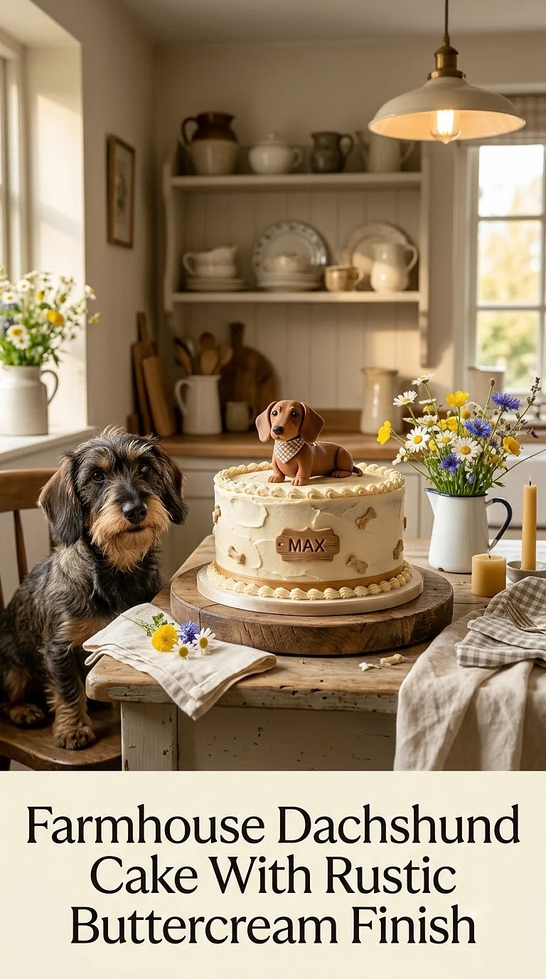 Farmhouse Dachshund Cake With Rustic Buttercream Finish