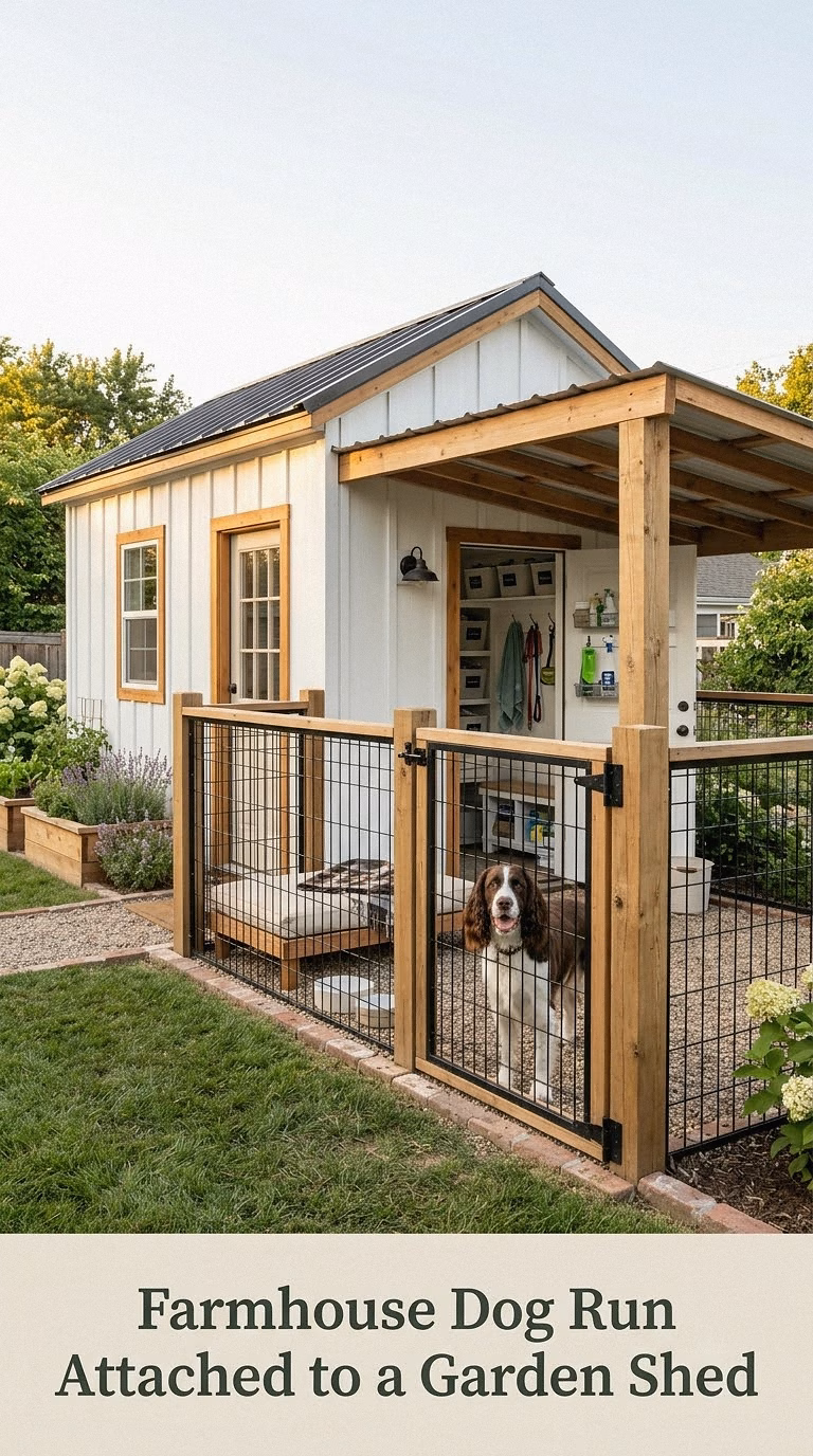 Farmhouse Dog Run Attached to a Garden Shed