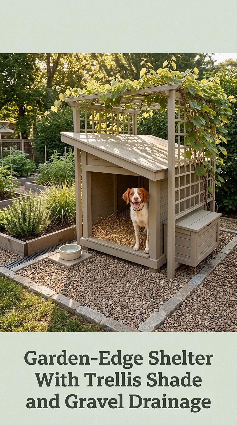 Garden-Edge Shelter With Trellis Shade and Gravel Drainage