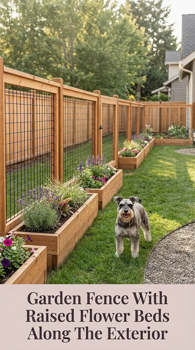 Garden Fence With Raised Flower Beds Along The Exterior