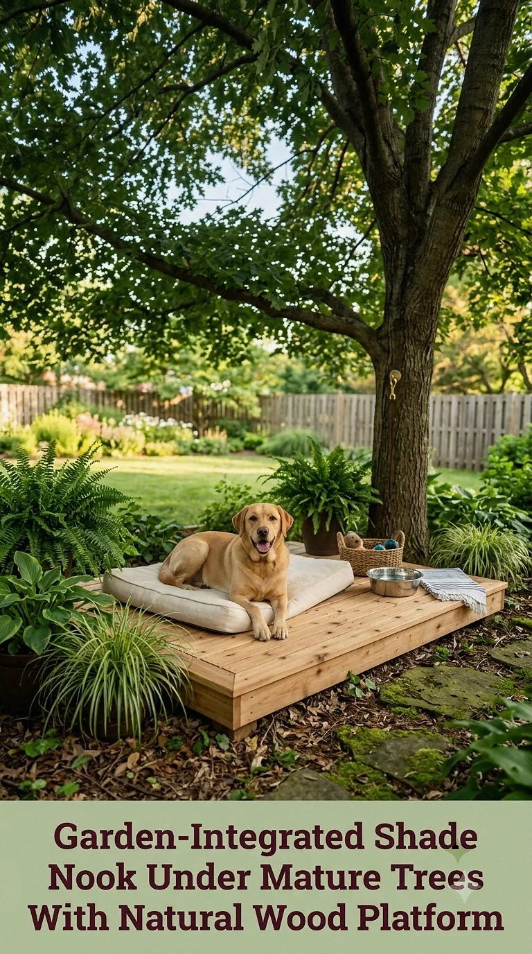 Garden-Integrated Shade Nook Under Mature Trees With Natural Wood Platform
