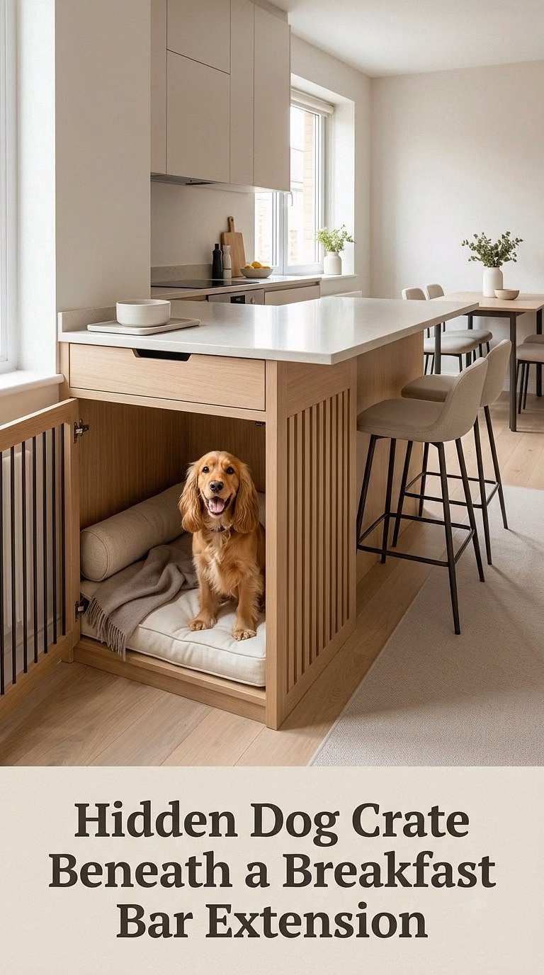 Hidden Dog Crate Beneath a Breakfast Bar Extension
