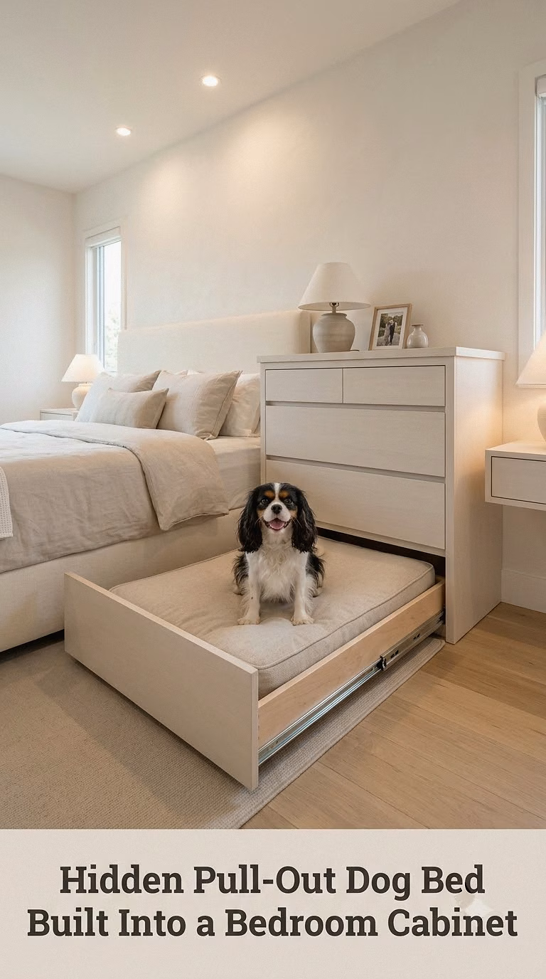 Hidden Pull-Out Dog Bed Built Into a Bedroom Cabinet