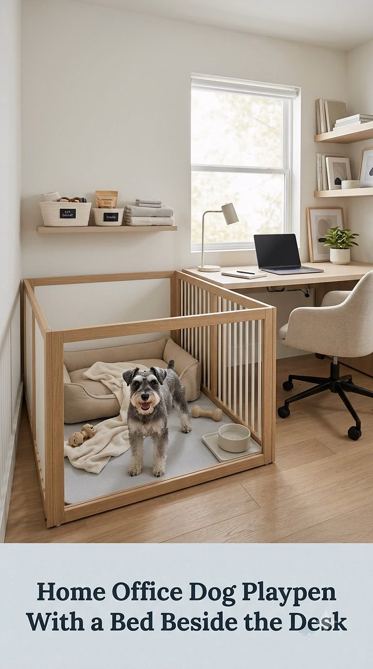 Home Office Dog Playpen With a Bed Beside the Desk