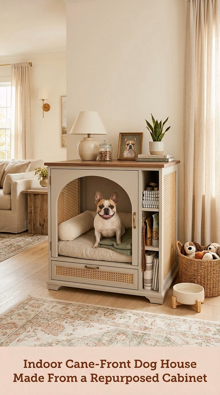 Indoor Cane-Front Dog House Made From a Repurposed Cabinet