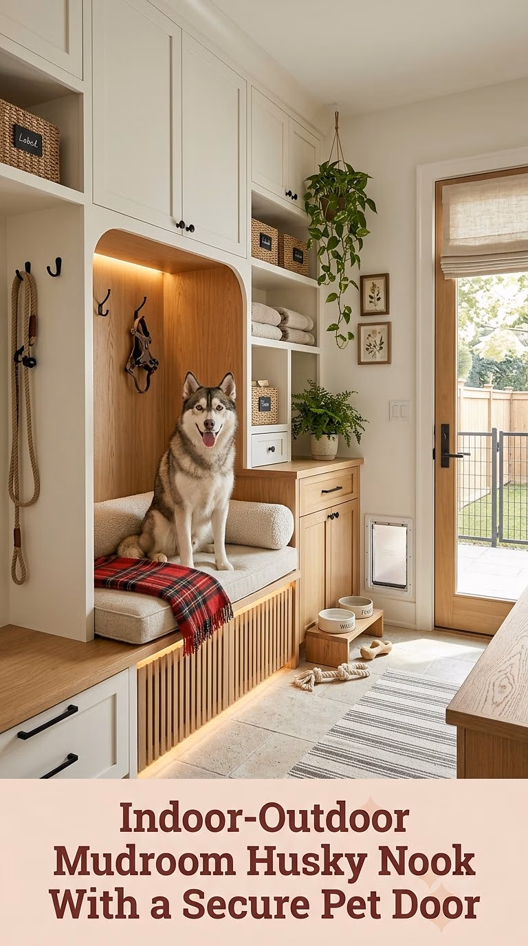 13. Indoor-Outdoor Mudroom Husky Nook With a Secure Pet Door