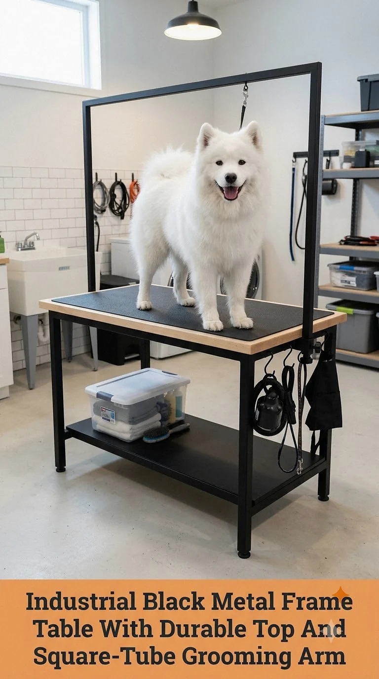 Industrial Black Metal Frame Table With Durable Top And Square-Tube Grooming Arm