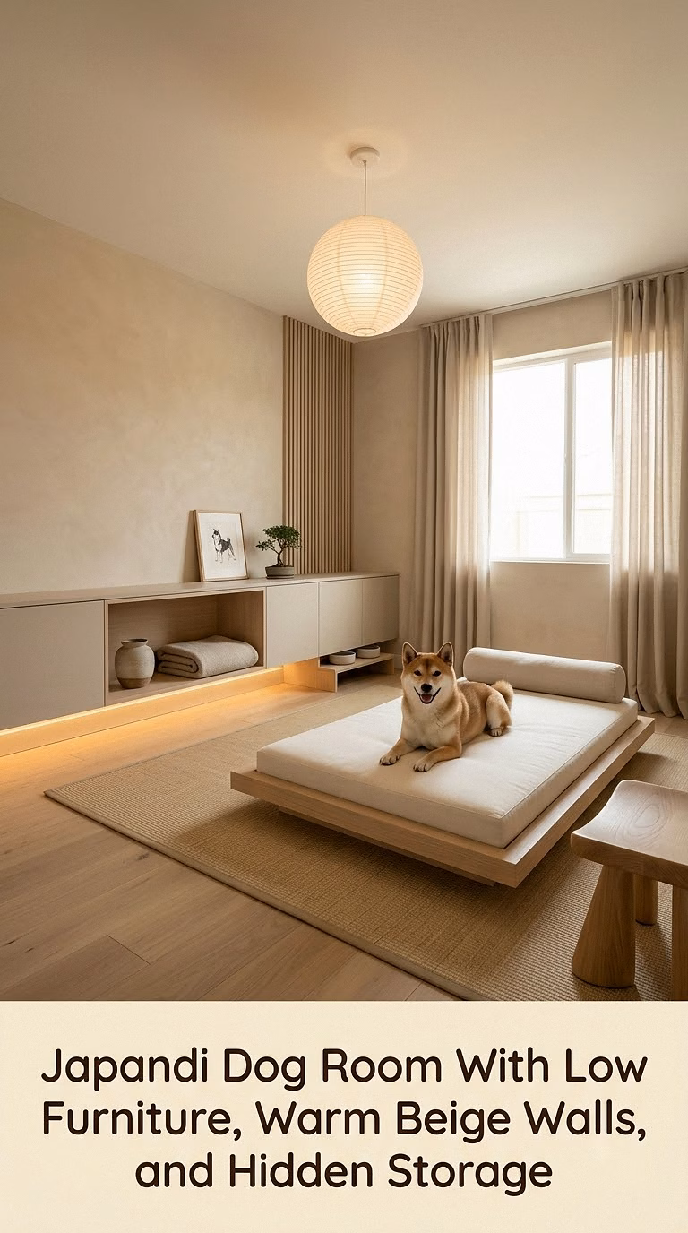 13. Japandi Dog Room With Low Furniture, Warm Beige Walls, and Hidden Storage