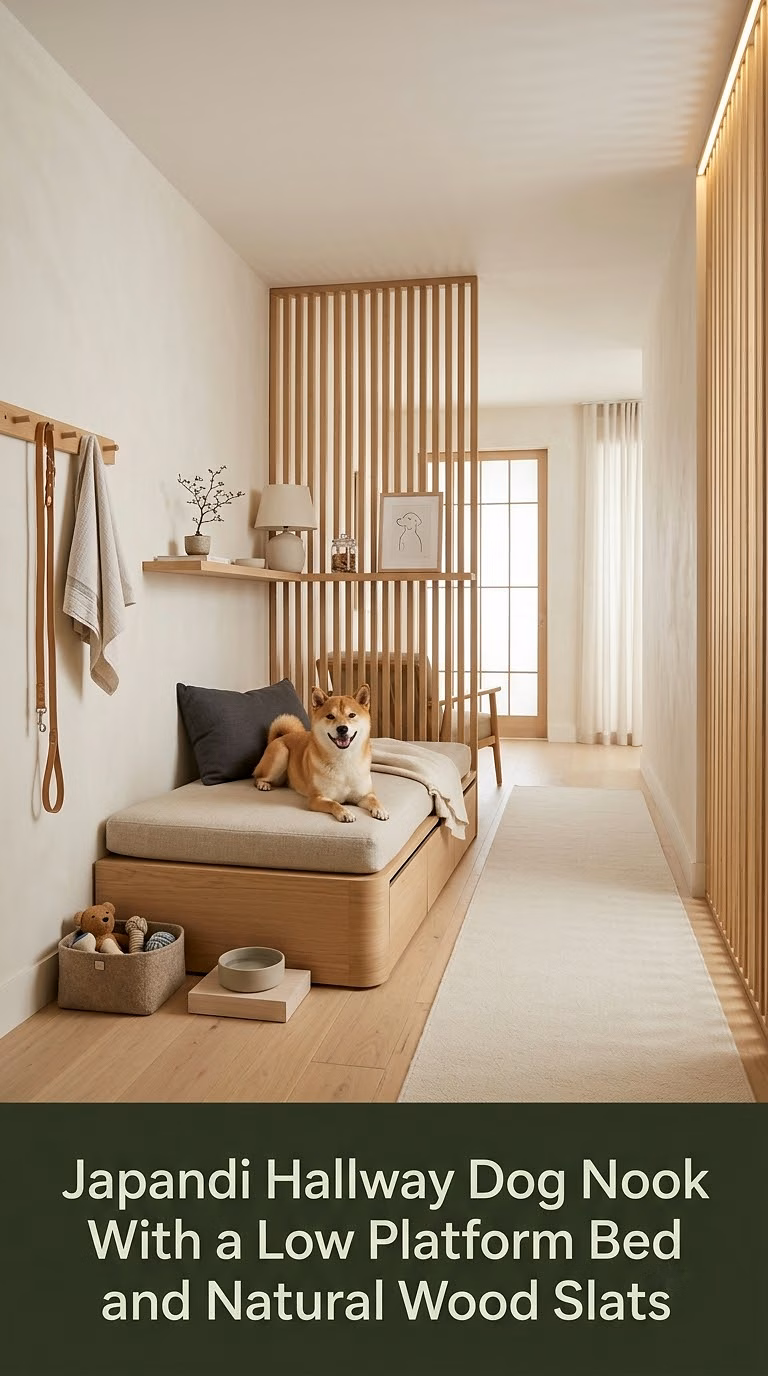 13. Japandi Hallway Dog Nook With a Low Platform Bed and Natural Wood Slats