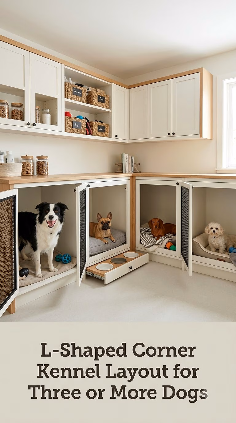 L-Shaped Corner Kennel Layout for Three or More Dogs
