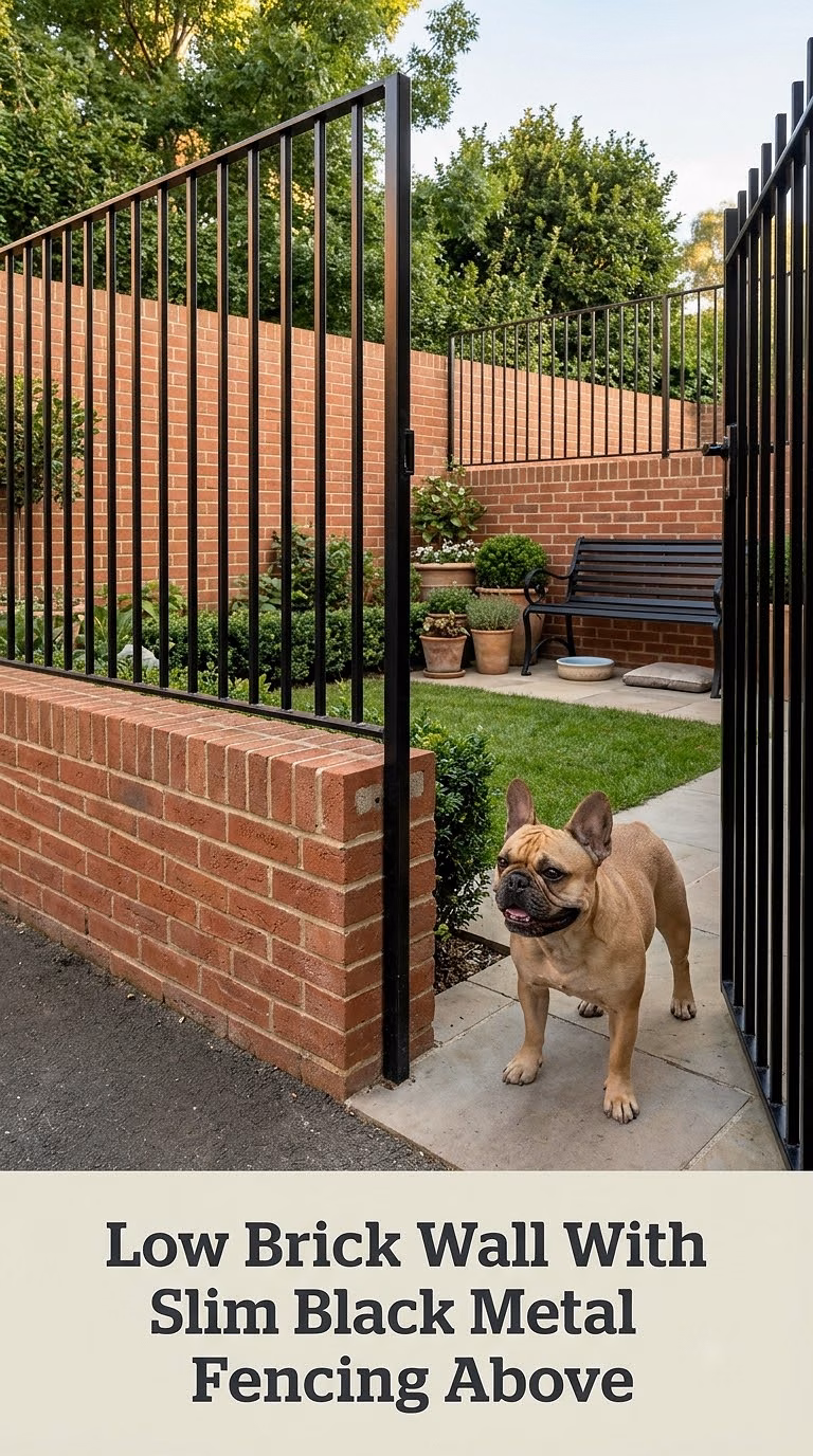 Low Brick Wall With Slim Black Metal Fencing Above