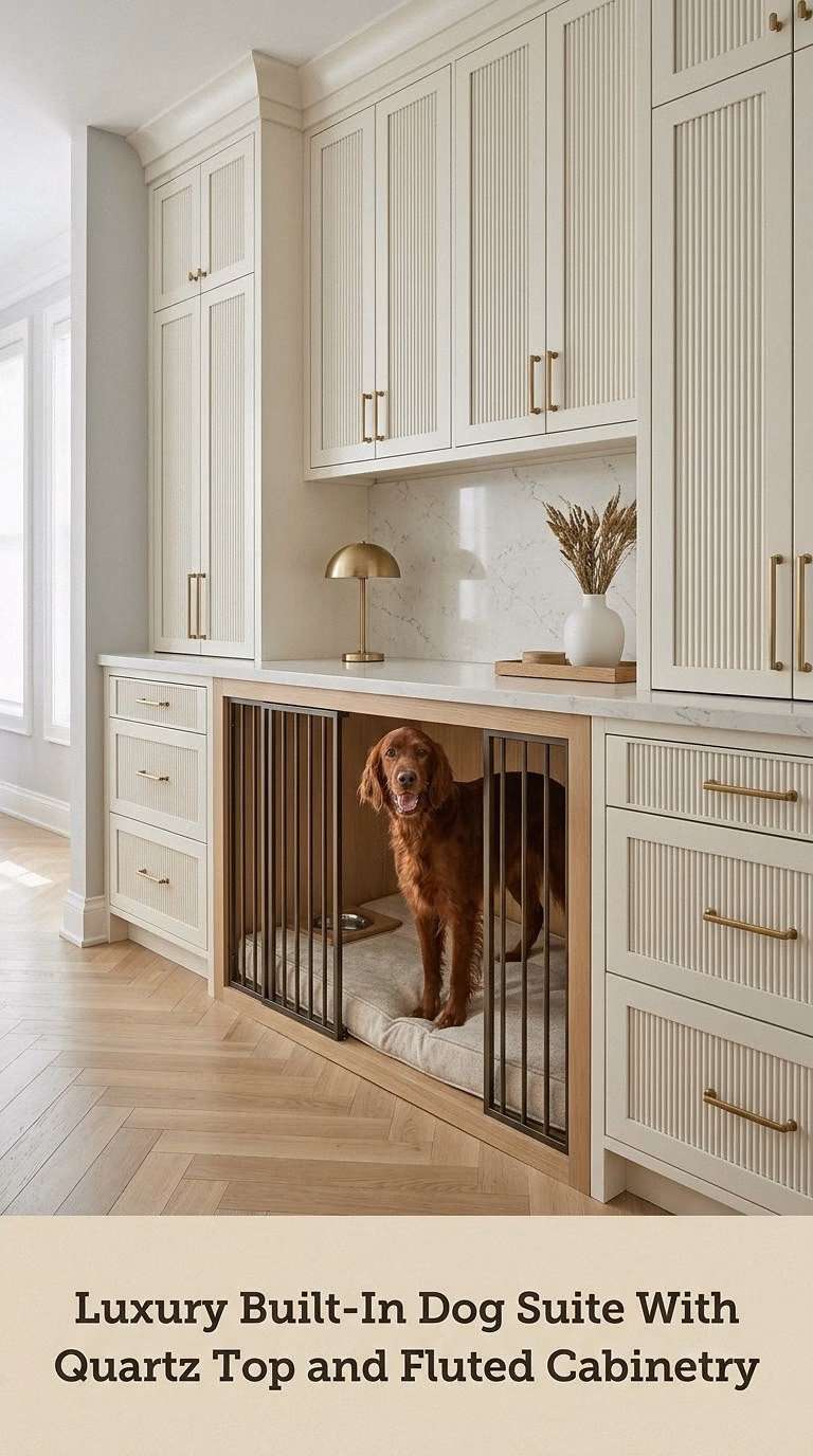 Luxury Built-In Dog Suite With Quartz Top and Fluted Cabinetry