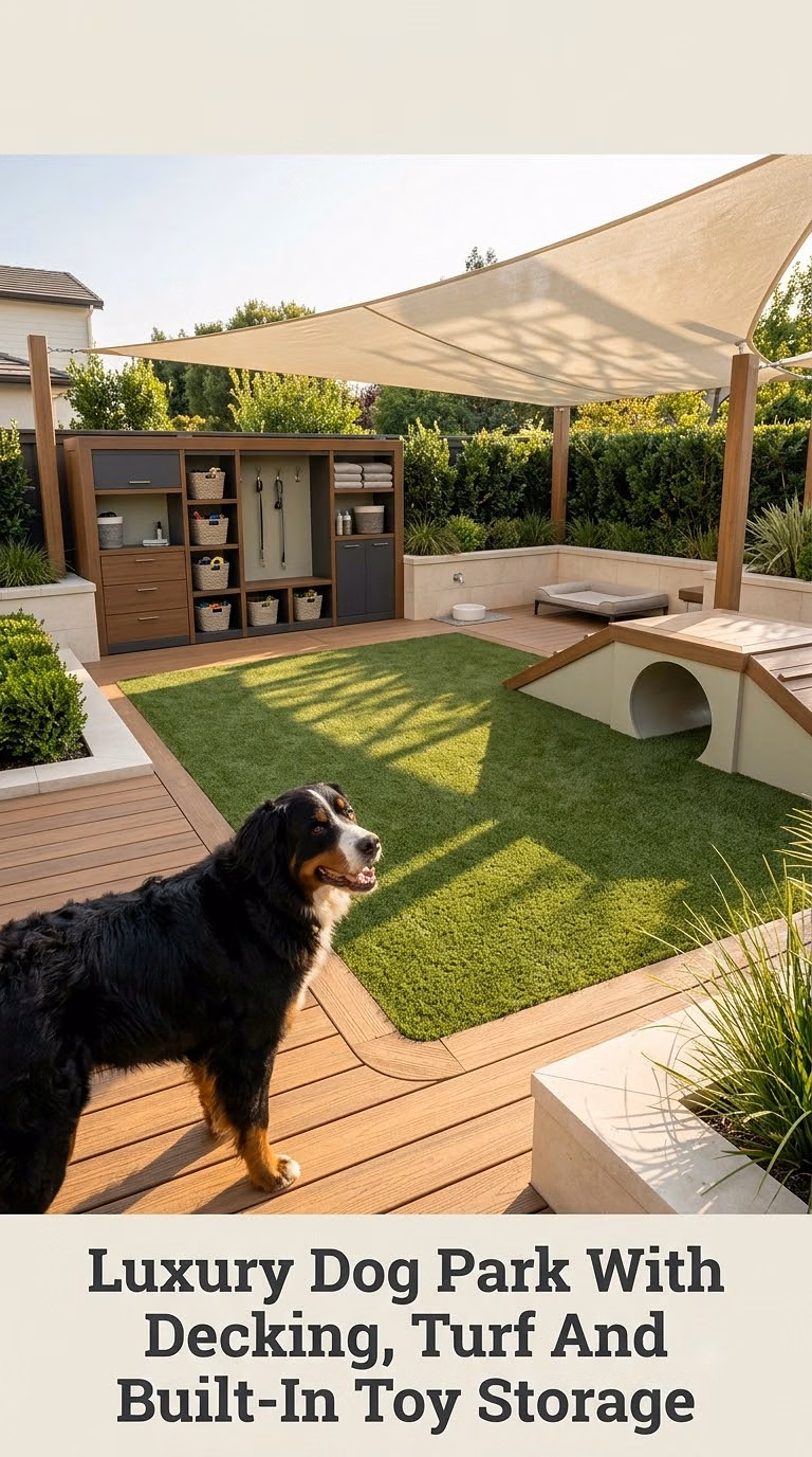 Luxury Dog Park With Decking, Turf And Built-In Toy Storage