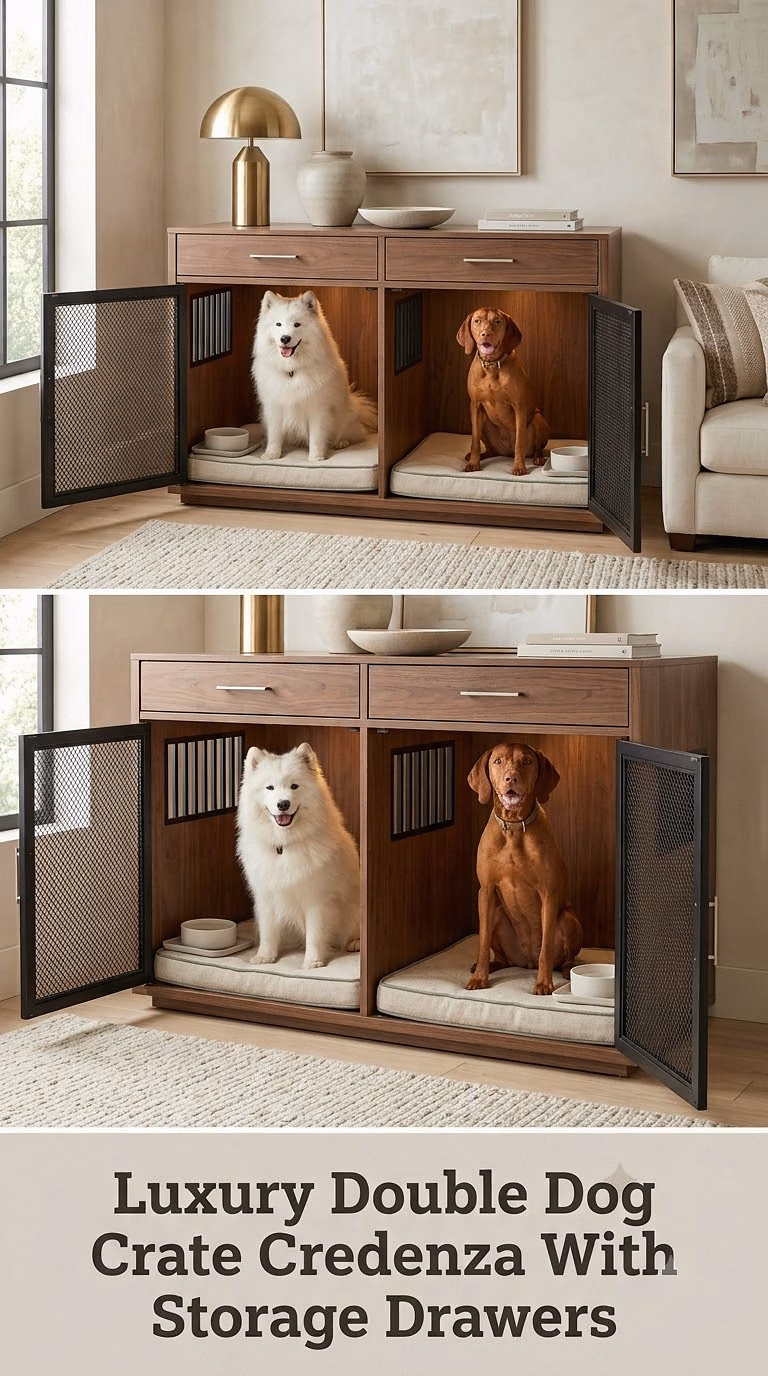 Luxury Double Dog Crate Credenza With Storage Drawers