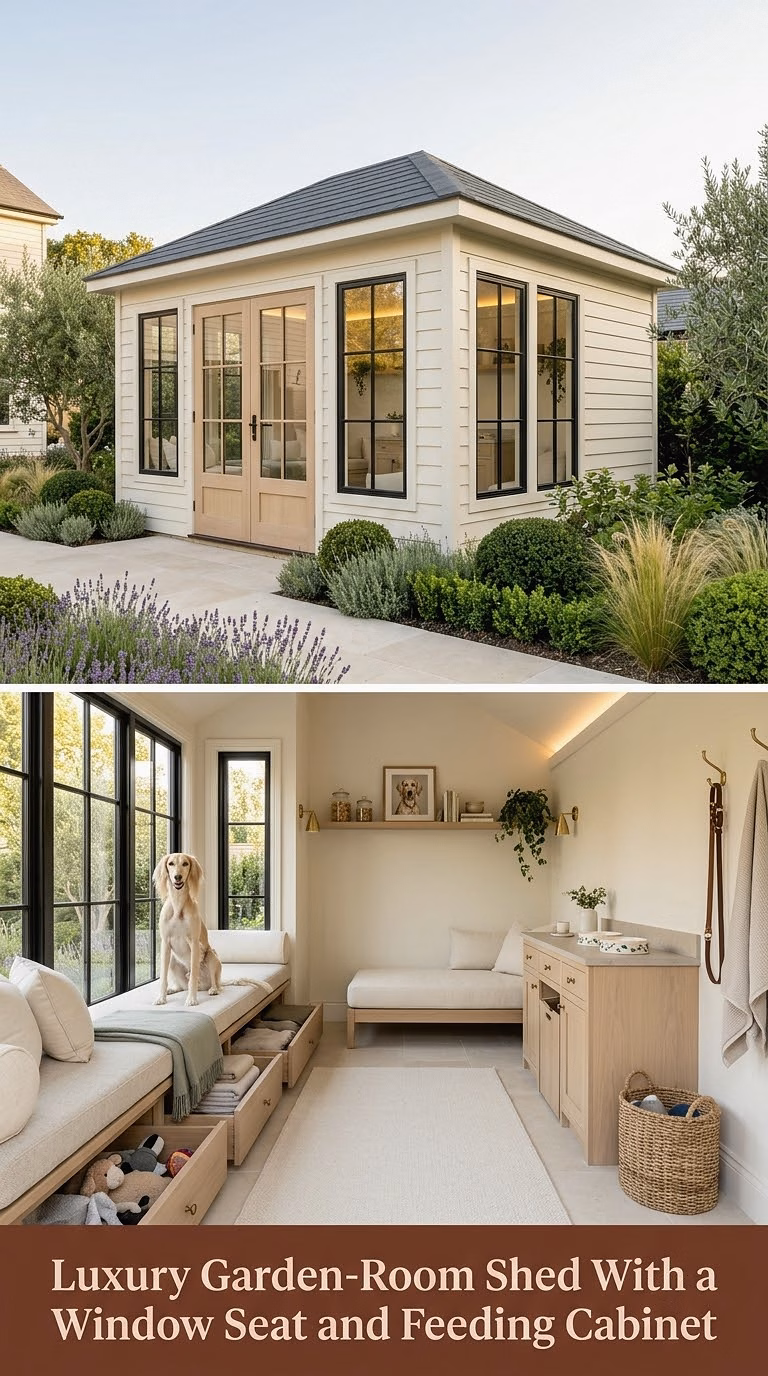 13. Luxury Garden-Room Shed With a Window Seat and Feeding Cabinet