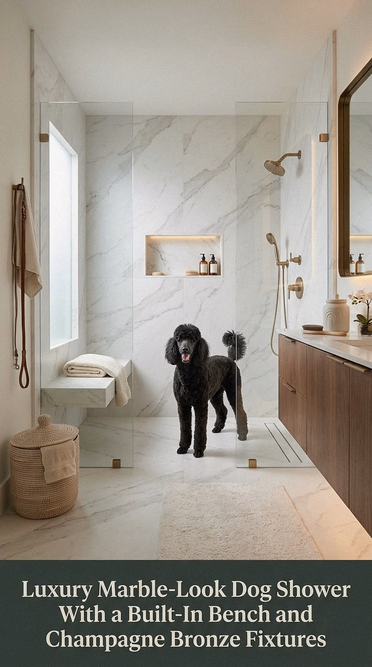 13. Luxury Marble-Look Dog Shower With a Built-In Bench and Champagne Bronze Fixtures