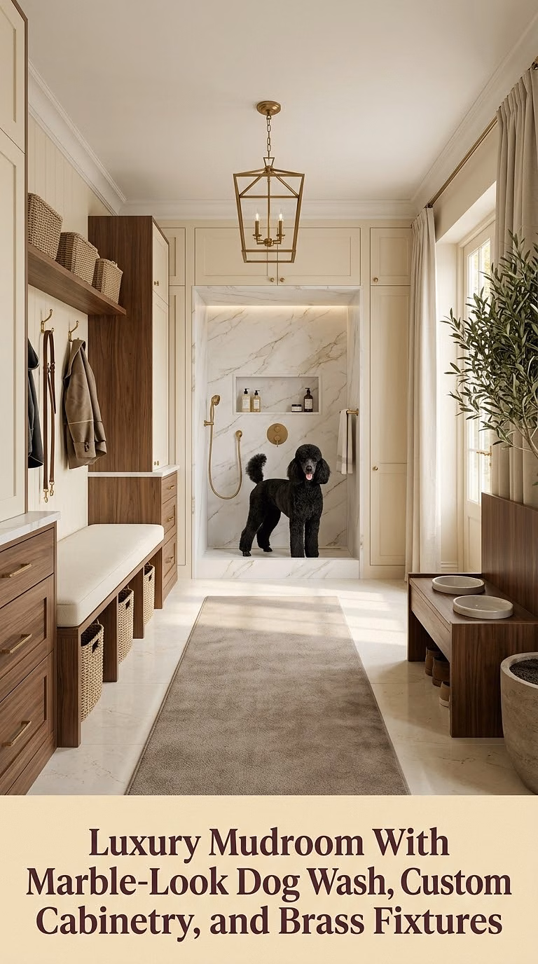13. Luxury Mudroom With Marble-Look Dog Wash, Custom Cabinetry, and Brass Fixtures