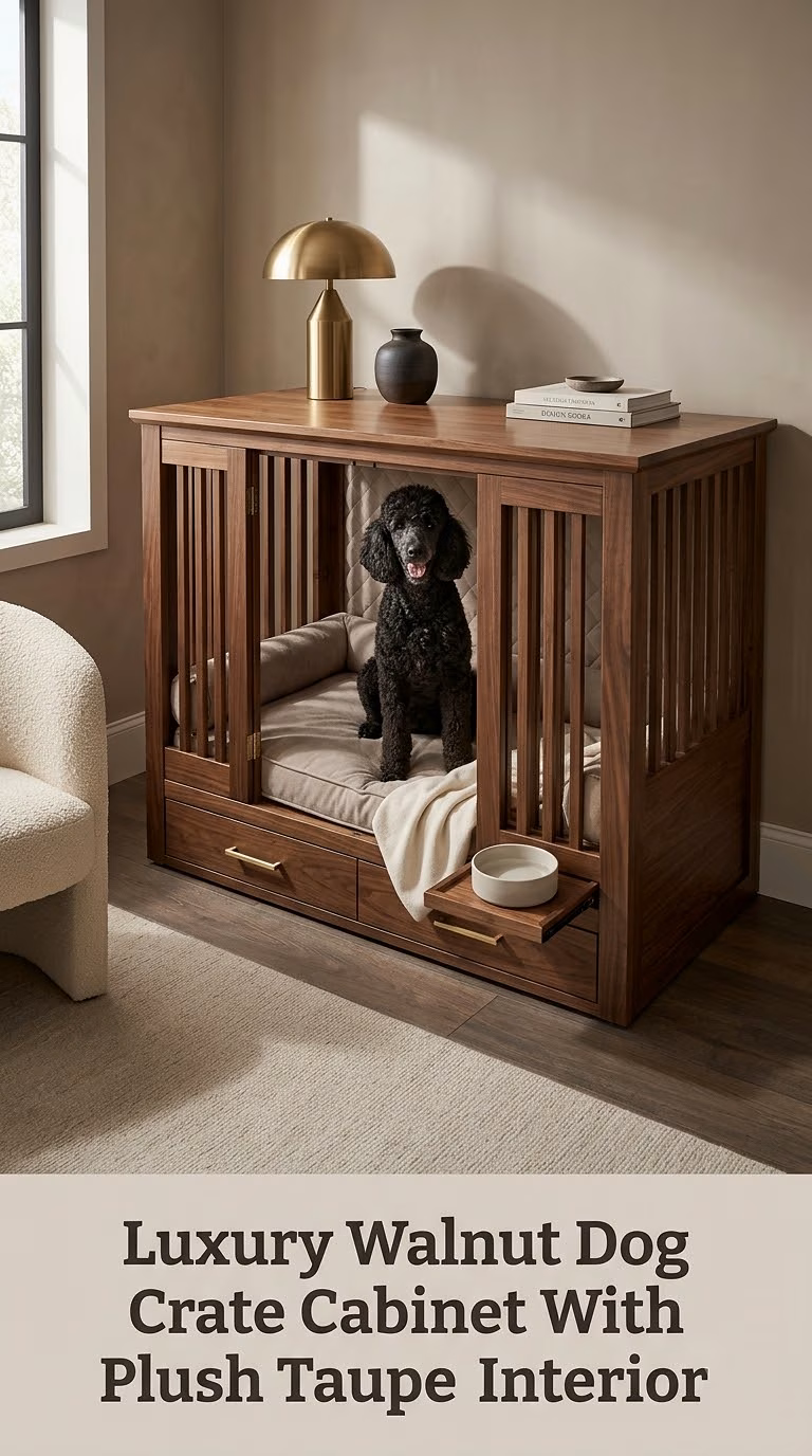 Luxury Walnut Dog Crate Cabinet With Plush Taupe Interior
