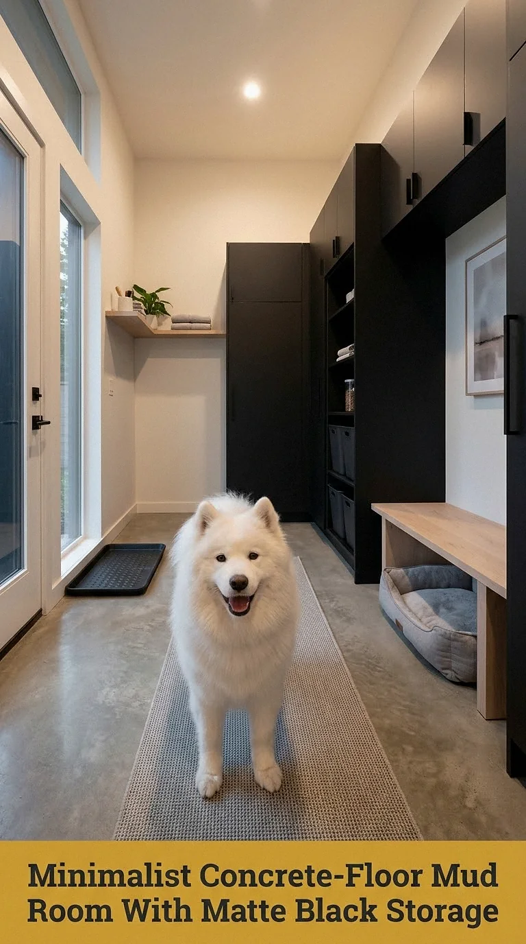 Minimalist Concrete-Floor Mud Room With Matte Black Storage