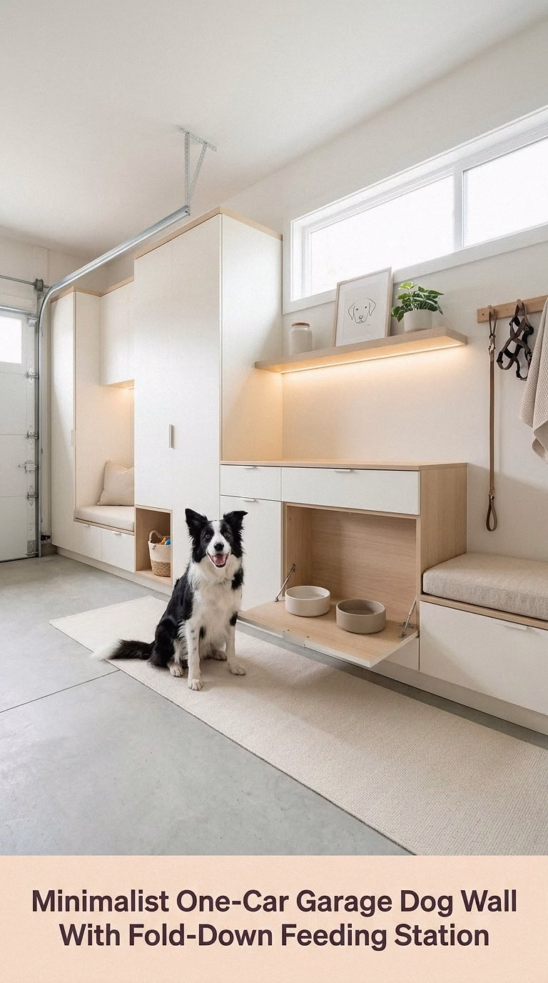 13. Minimalist One-Car Garage Dog Wall With Fold-Down Feeding Station