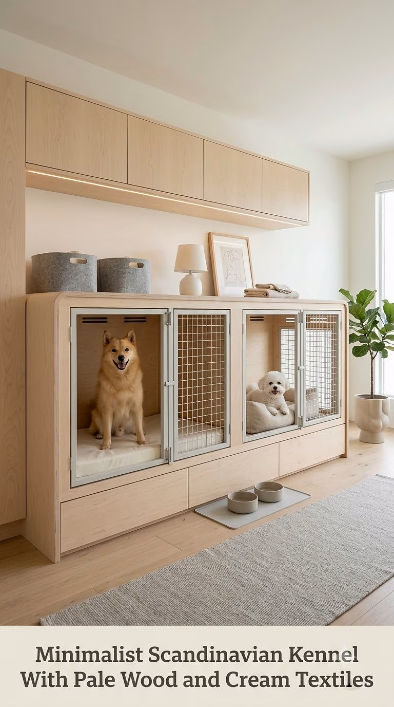 Minimalist Scandinavian Kennel With Pale Wood and Cream Textiles