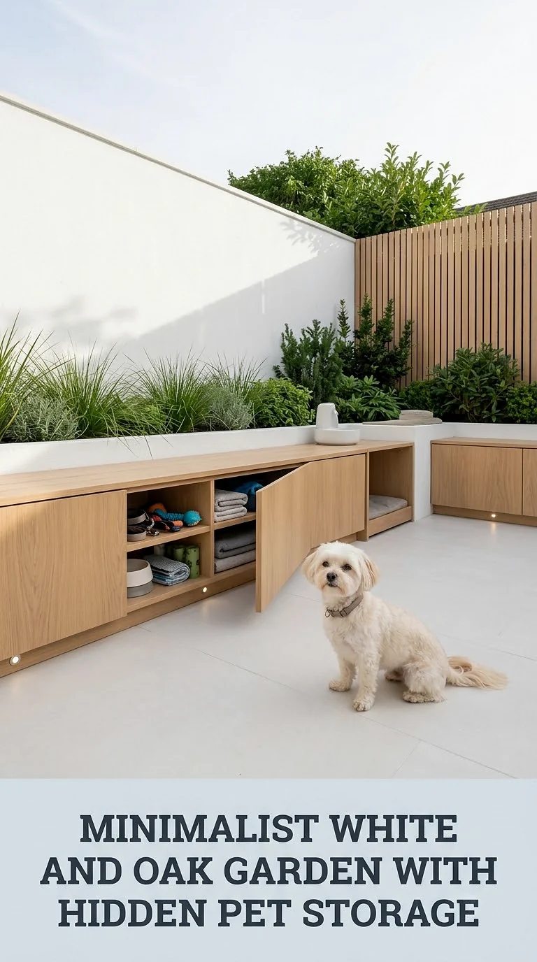 Minimalist White And Oak Garden With Hidden Pet Storage