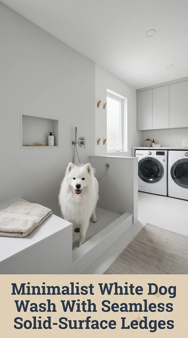 Minimalist White Dog Wash With Seamless Solid-Surface Ledges