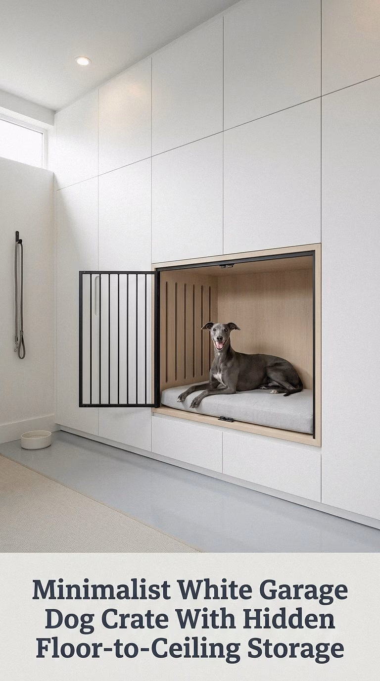 Minimalist White Garage Dog Crate With Hidden Floor-to-Ceiling Storage