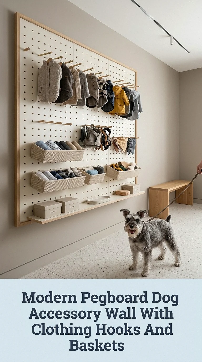 Modern Pegboard Dog Accessory Wall With Clothing Hooks And Baskets