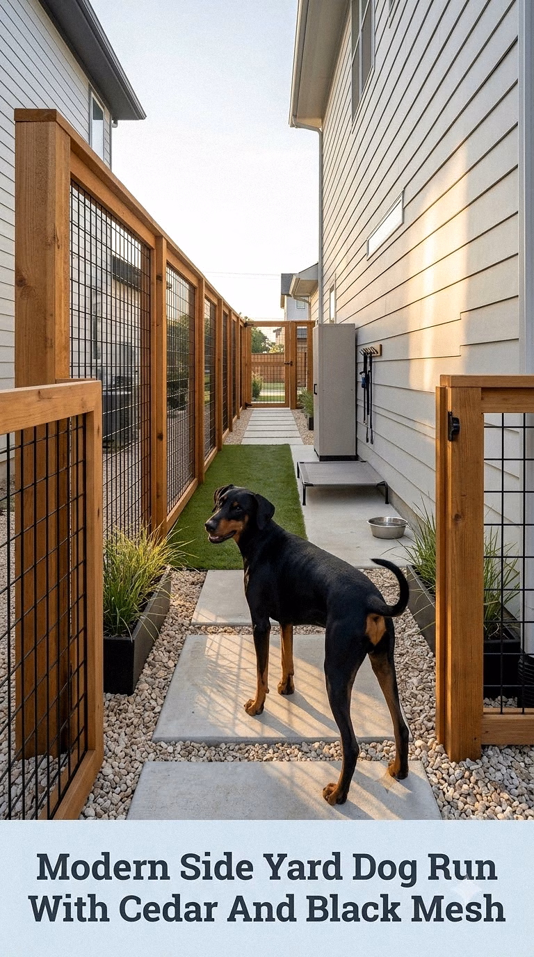 Modern Side Yard Dog Run With Cedar And Black Mesh