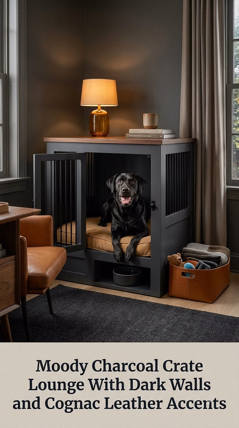 Moody Charcoal Crate Lounge With Dark Walls and Cognac Leather Accents