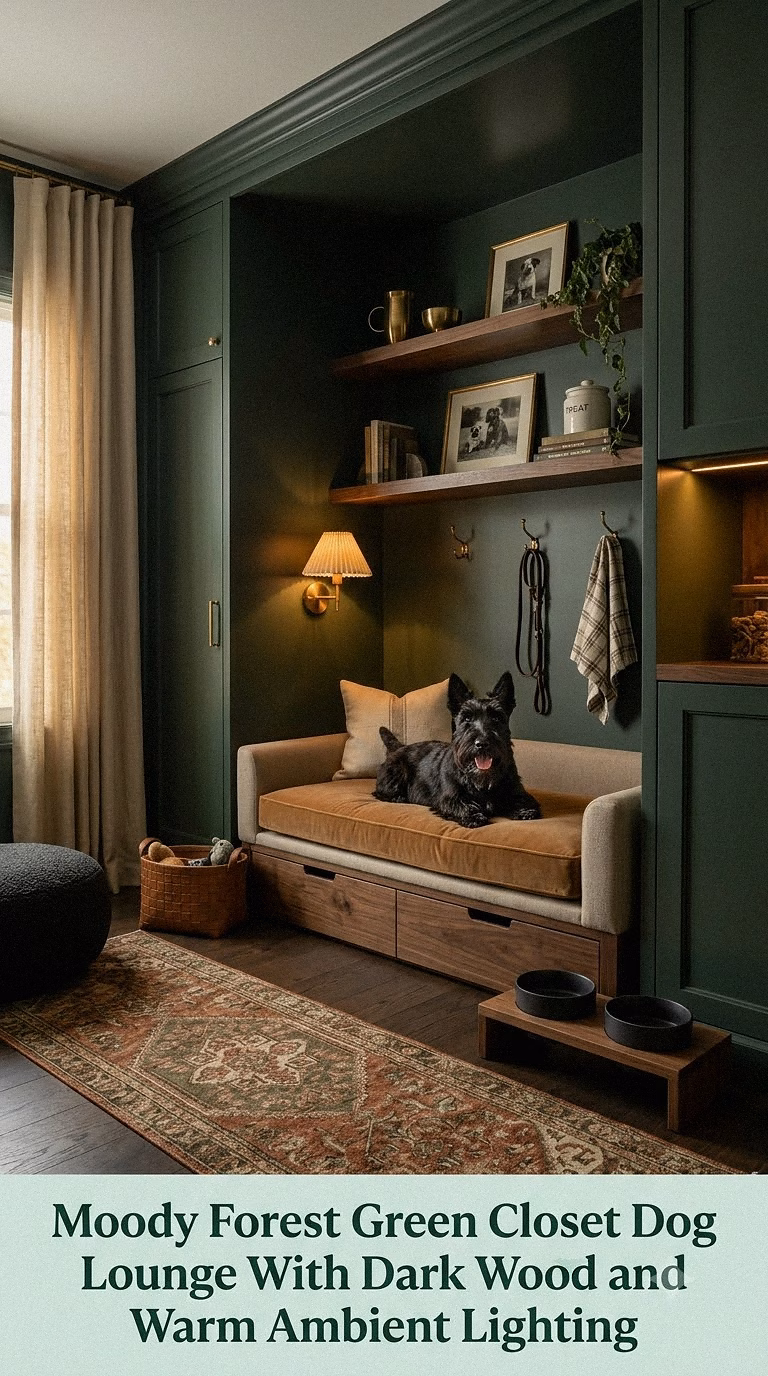 13. Moody Forest Green Closet Dog Lounge With Dark Wood and Warm Ambient Lighting