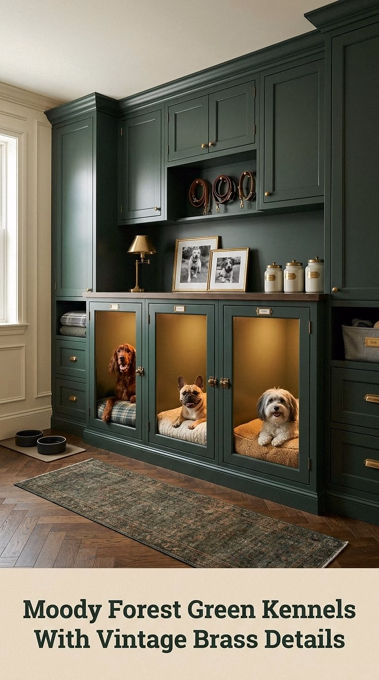 Moody Forest Green Kennels With Vintage Brass Details