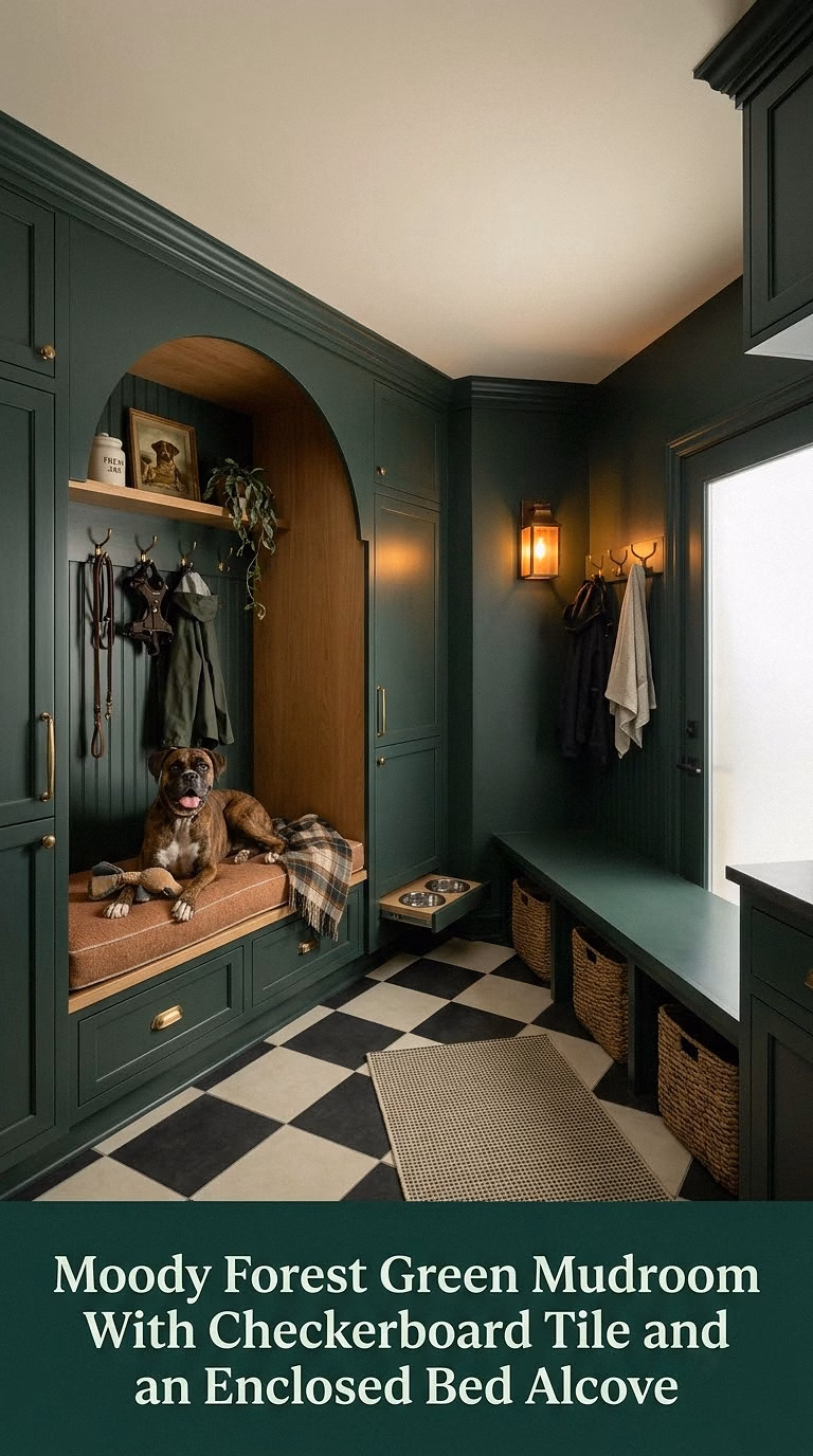Moody Forest Green Mudroom With Checkerboard Tile and an Enclosed Bed Alcove