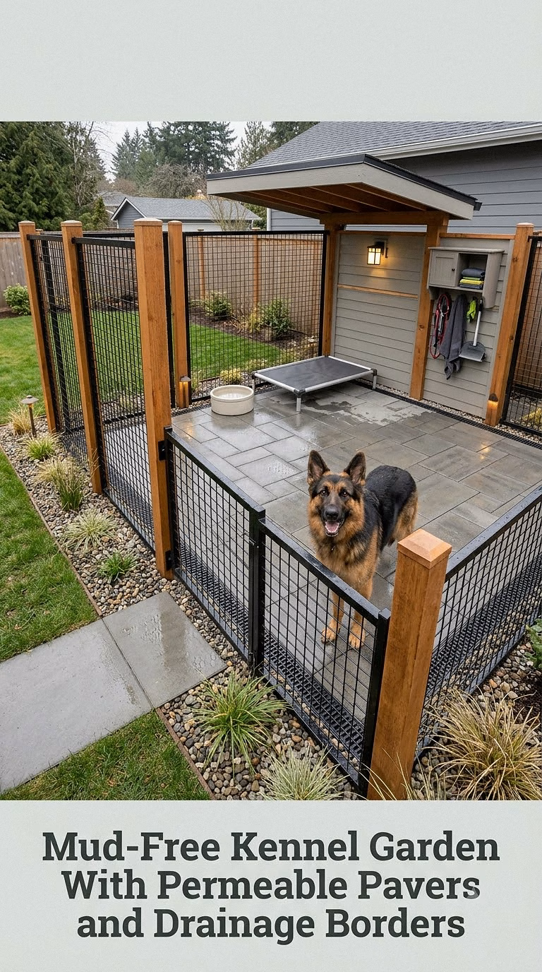 Mud-Free Kennel Garden With Permeable Pavers and Drainage Borders