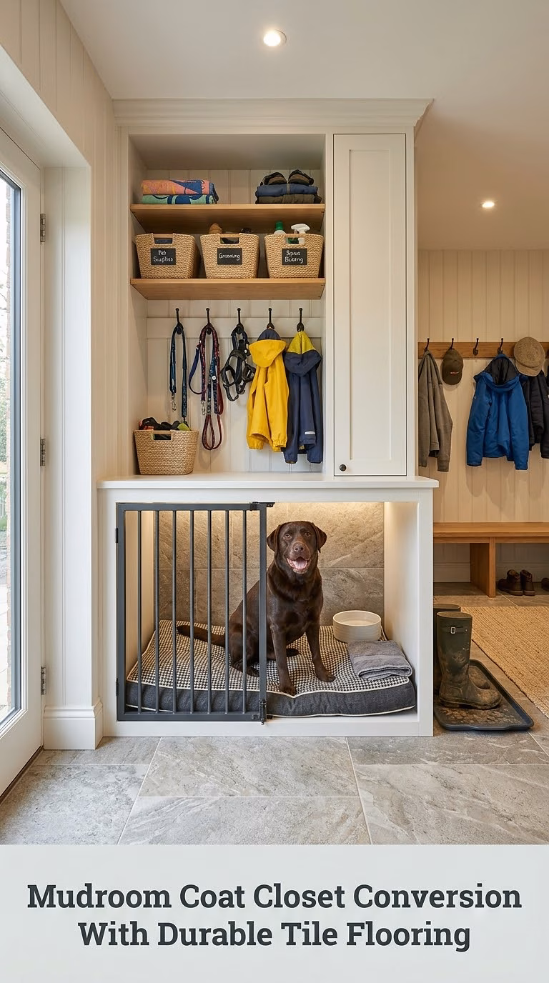 Mudroom Coat Closet Conversion With Durable Tile Flooring