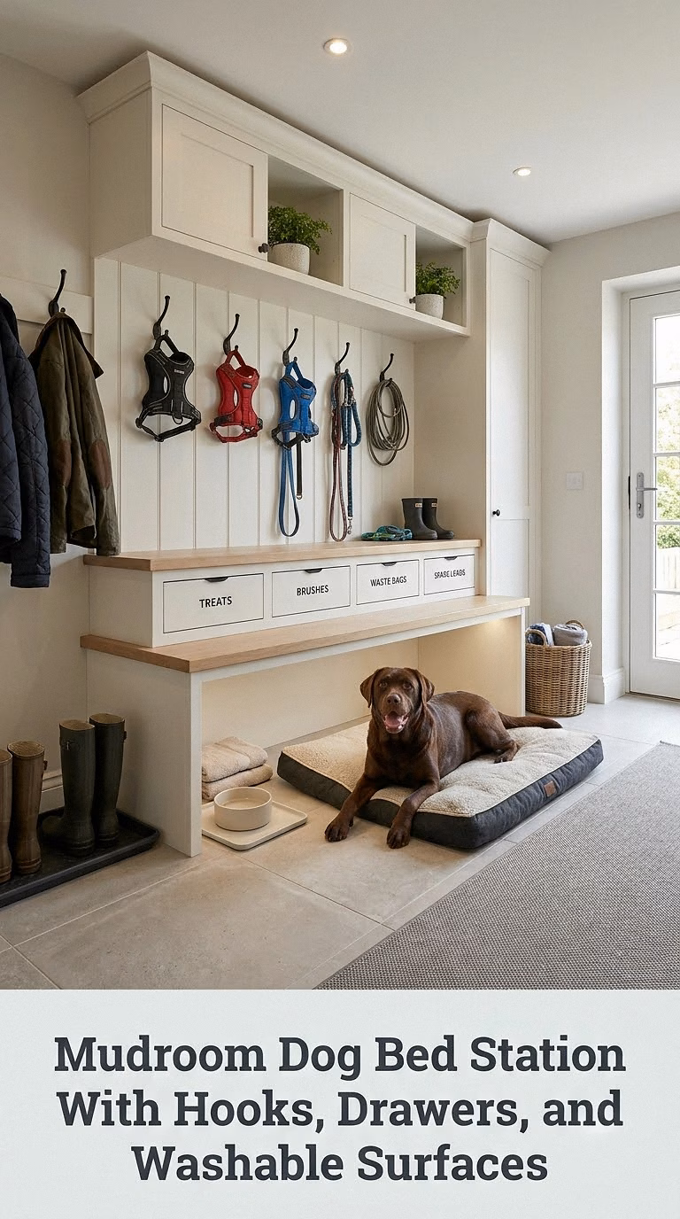 Mudroom Dog Bed Station With Hooks, Drawers, and Washable Surfaces