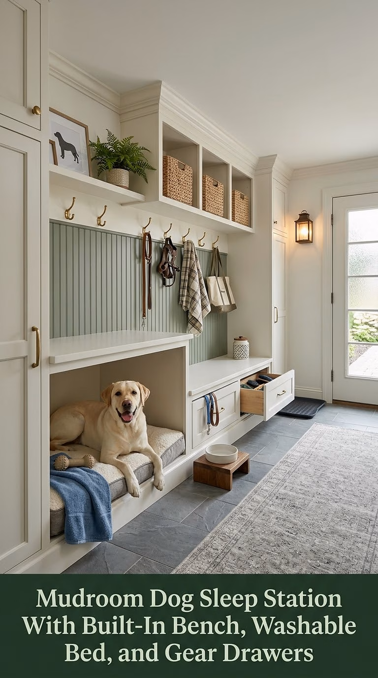 13. Mudroom Dog Sleep Station With Built-In Bench, Washable Bed, and Gear Drawers