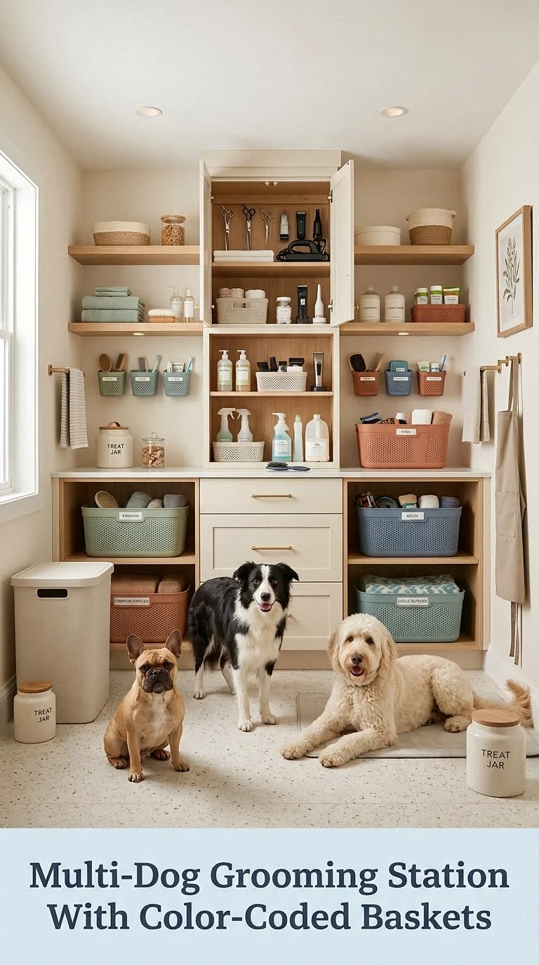 Multi-Dog Grooming Station With Color-Coded Baskets