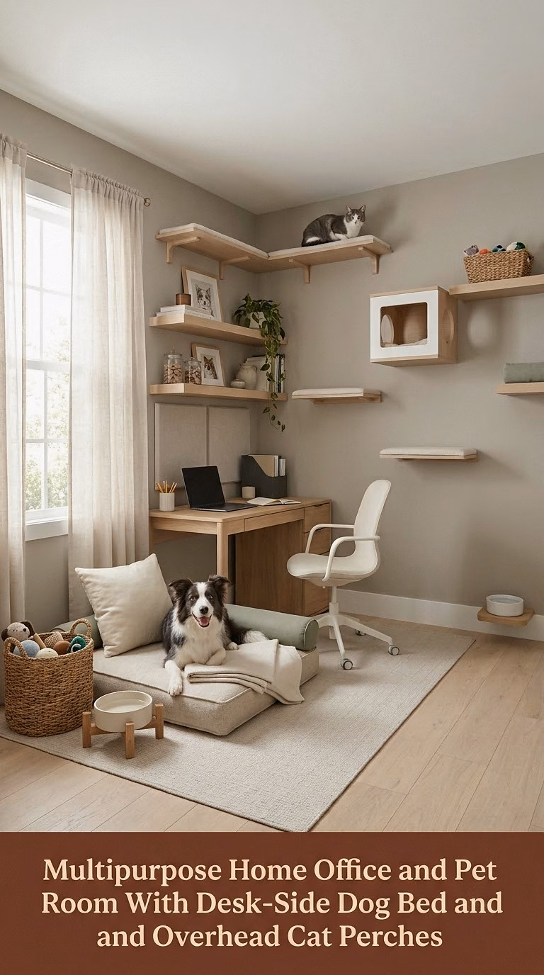 13. Multipurpose Home Office and Pet Room With Desk-Side Dog Bed and Overhead Cat Perches