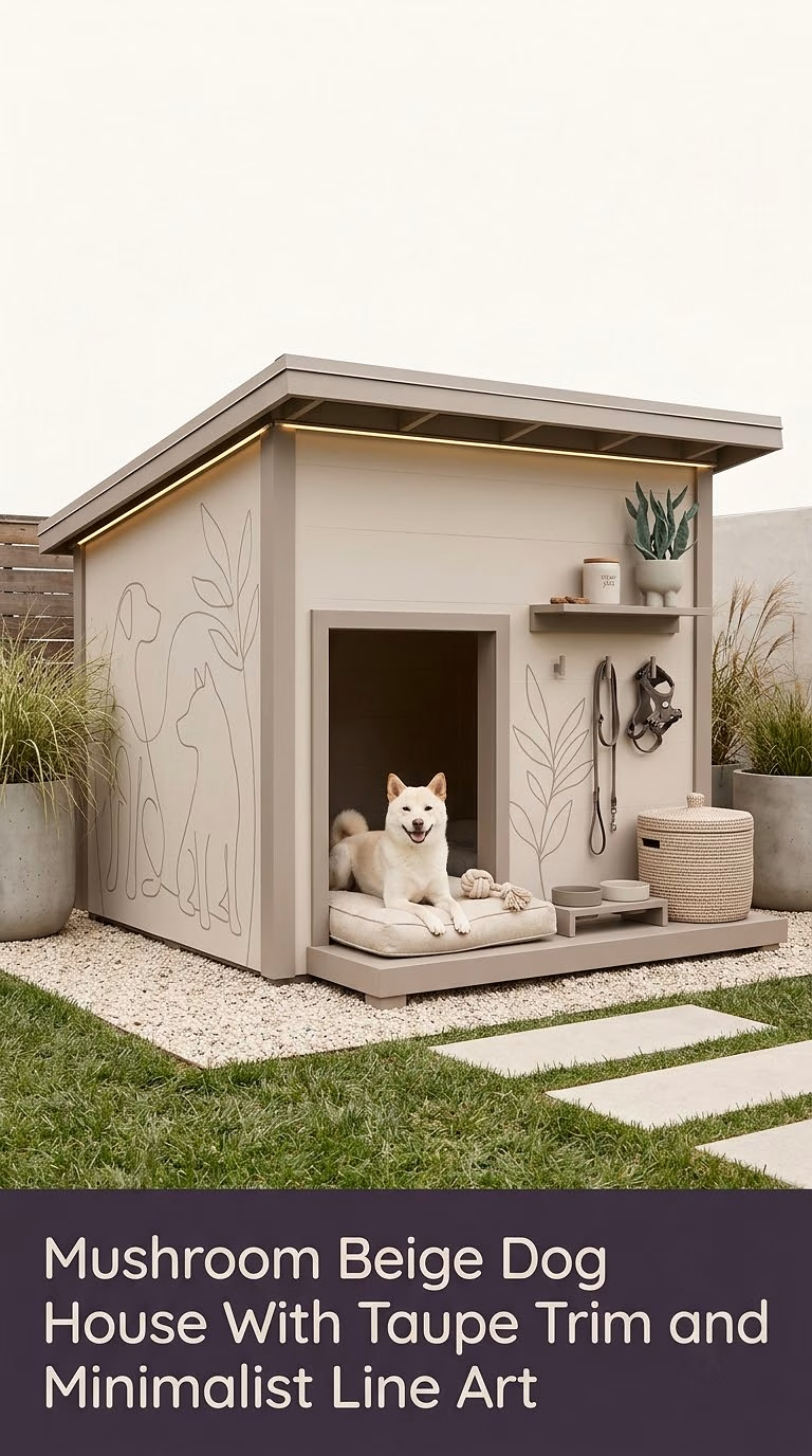 13. Mushroom Beige Dog House With Taupe Trim and Minimalist Line Art