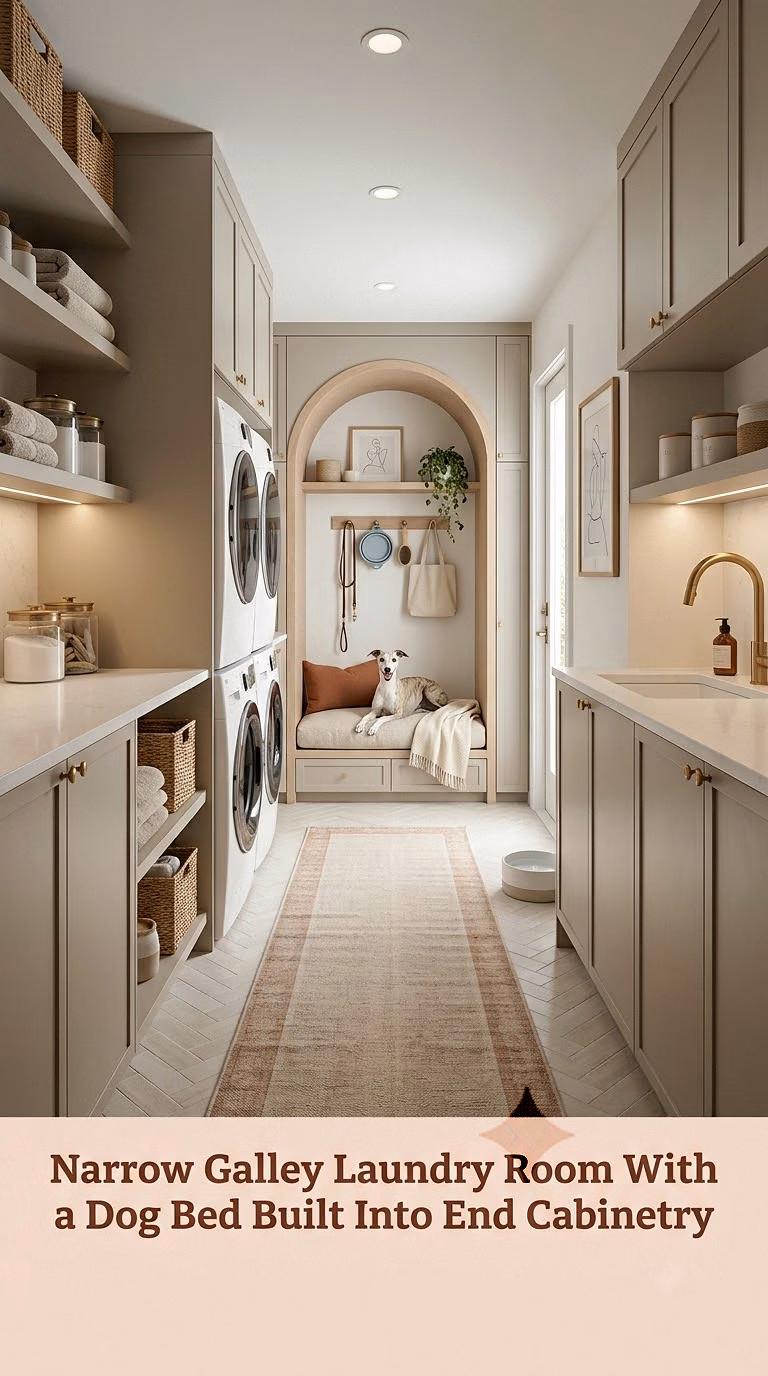 13. Narrow Galley Laundry Room With a Dog Bed Built Into End Cabinetry