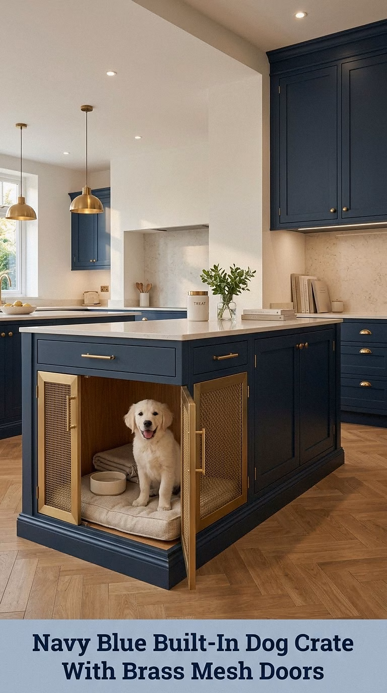 Navy Blue Built-In Dog Crate With Brass Mesh Doors