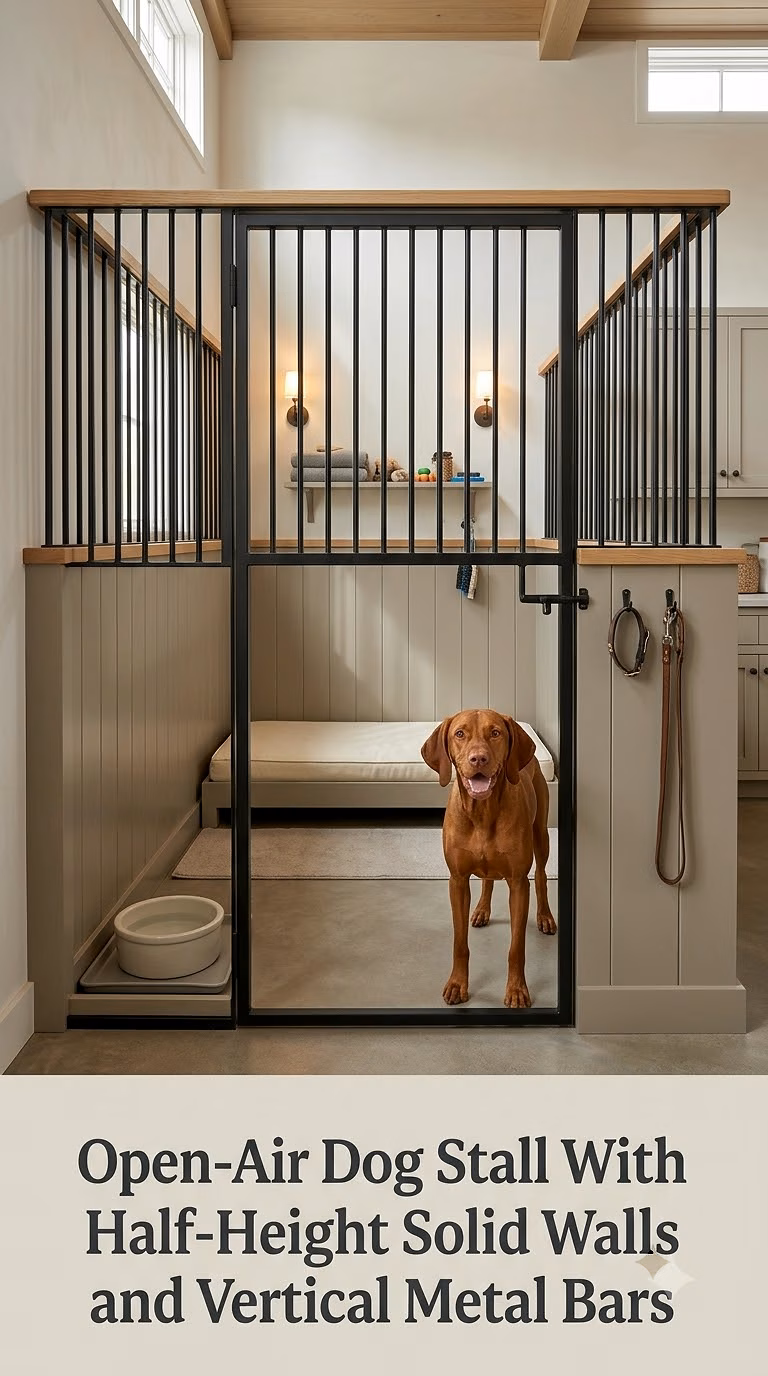 Open-Air Dog Stall With Half-Height Solid Walls and Vertical Metal Bars
