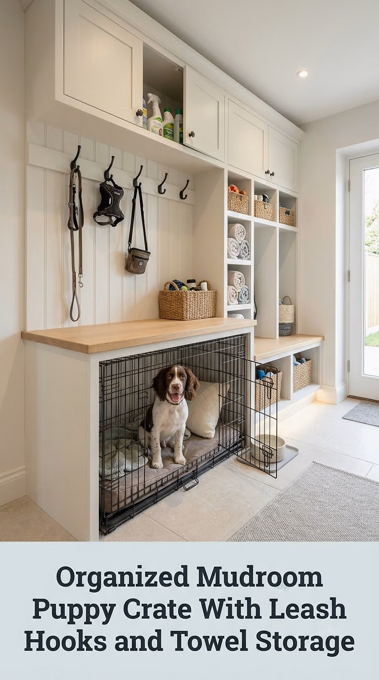 Organized Mudroom Puppy Crate With Leash Hooks and Towel Storage
