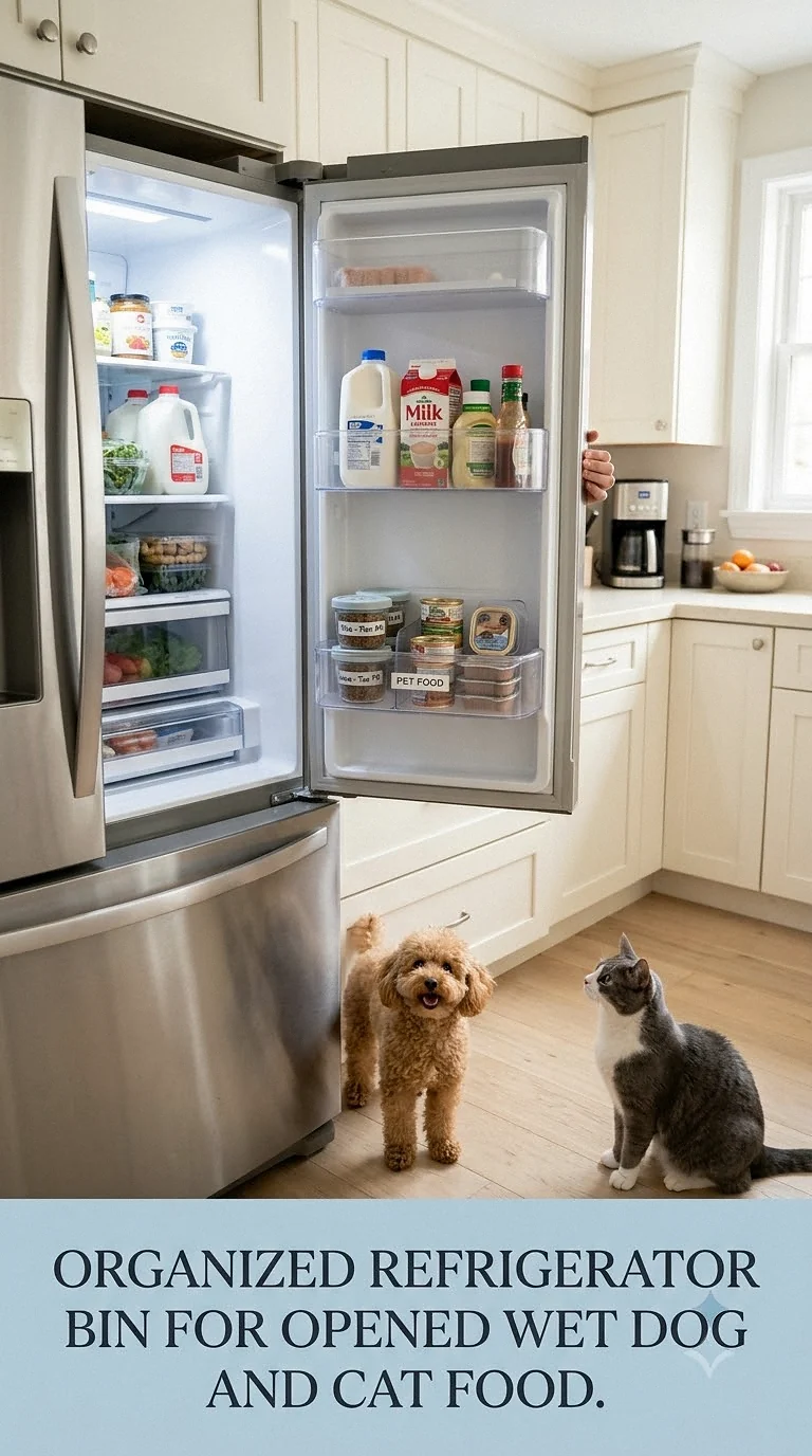 Organized Refrigerator Bin For Opened Wet Dog And Cat Food