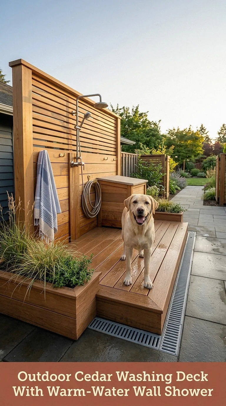 Outdoor Cedar Washing Deck With Warm-Water Wall Shower